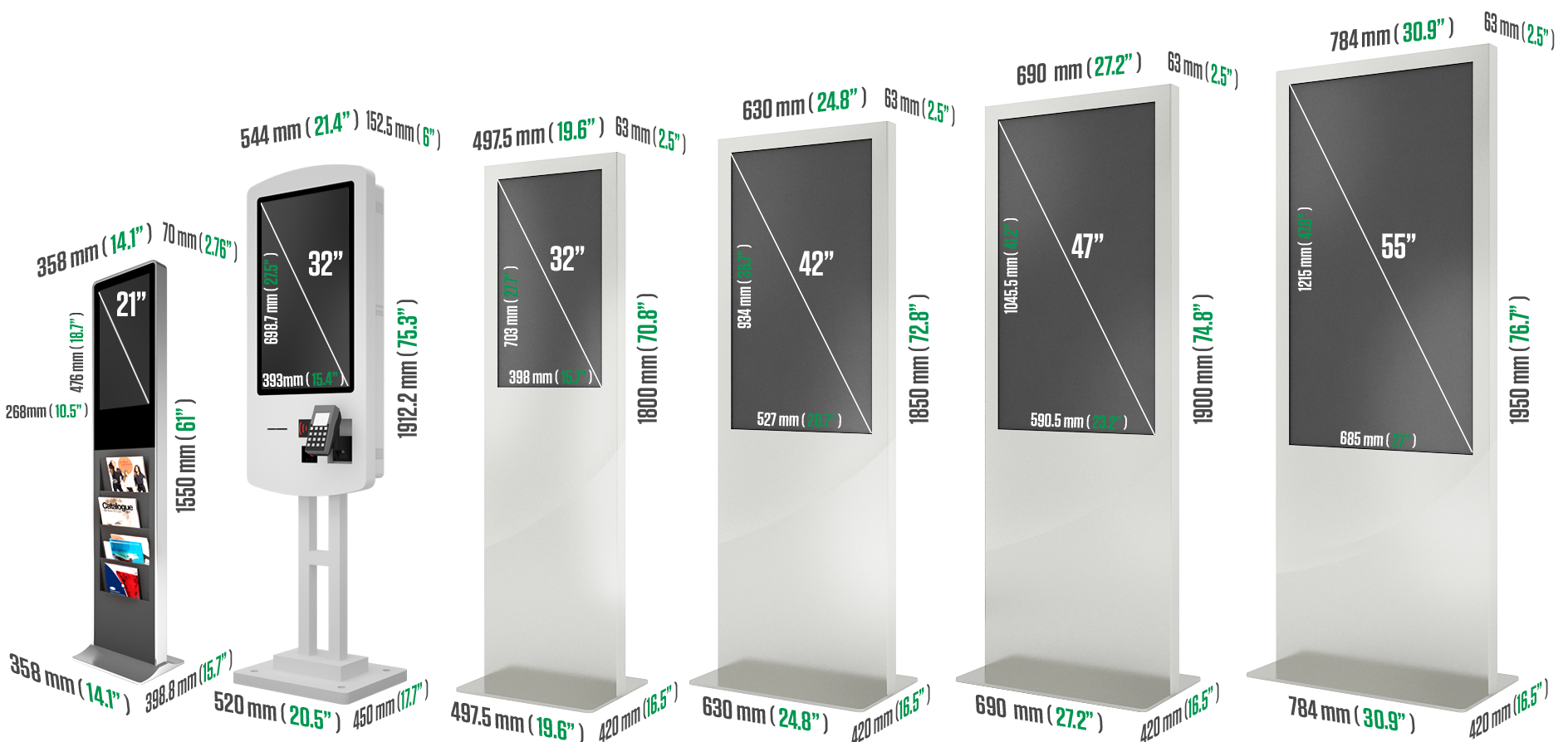 Eflyn Catalogue Kiosk, Self Ordering Kiosk, and Various Free Standing Multi-Touch Kiosks Measurements