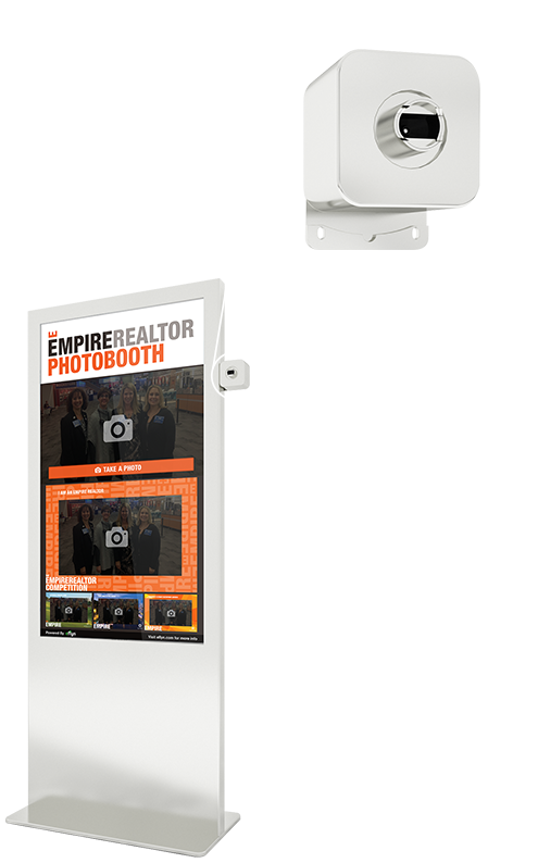 Eflyn Free Standing Kiosk displaying SocialBooth Pro App and Mounted Camera