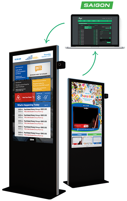 Eflyn Free Standing Kiosks being managed through the Saigon Content Management System via Laptop