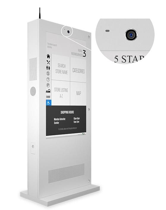 Eflyn Outdoor Digital Display Touch Screen Kiosk Closeup of Built In Camera and Brightness Control Sensors Image