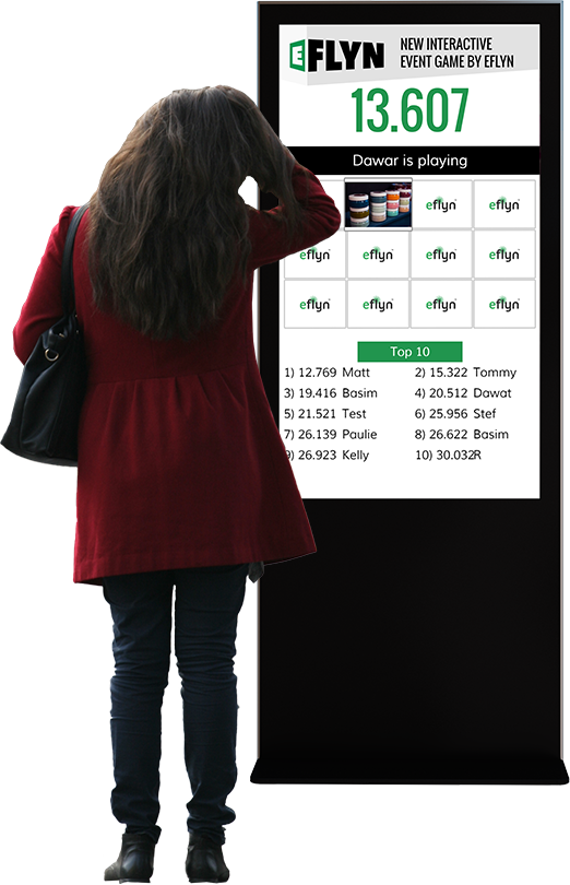 Eflyn Free Standing Multi-Touch Kiosk featuring QuickMatch App being played by a person