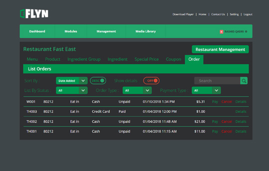 EFLYN RESTAURANT BACK OFFICE SCREENSHOT